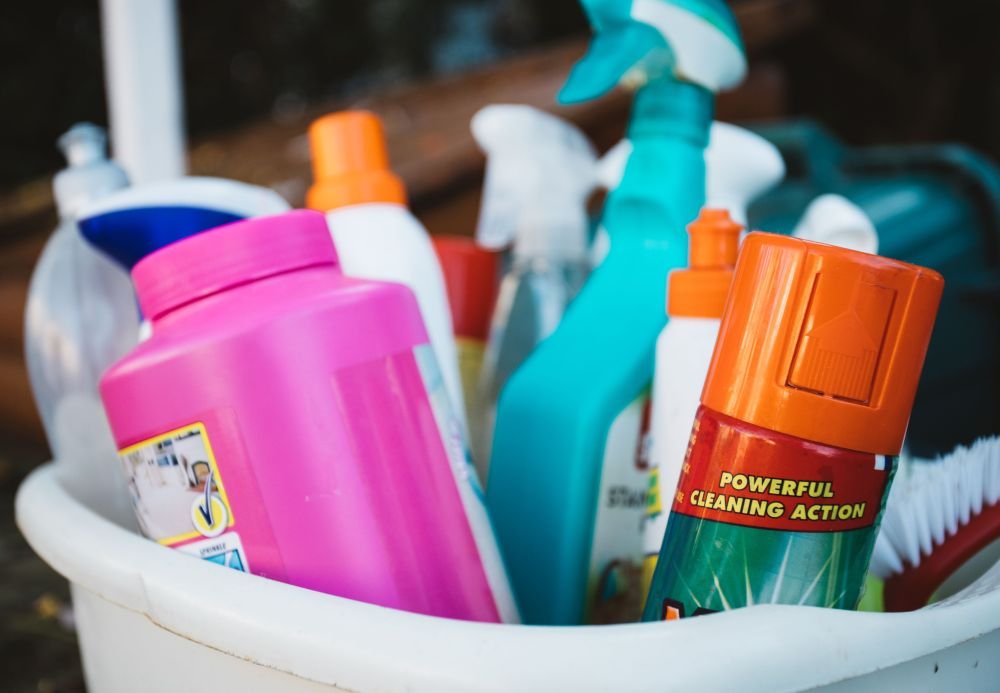 household cleaner bottles on counter